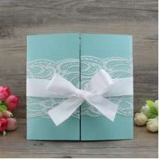 Gate Fold Lace Invitation Card with Ribbon Bow Marriage Invitation Customized
